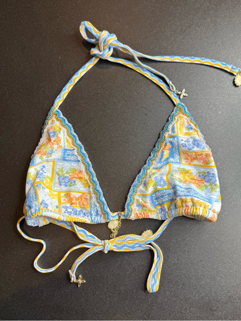 NWOT Bydee Barcelona Bikini Top Size M Blue Floral Boho Triangle Swim Top